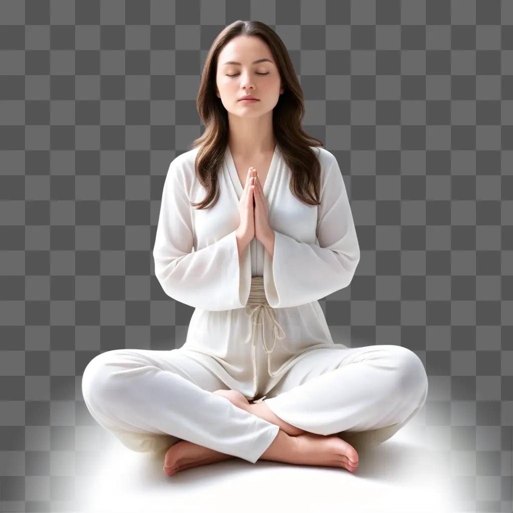 Woman in white meditates with eyes closed