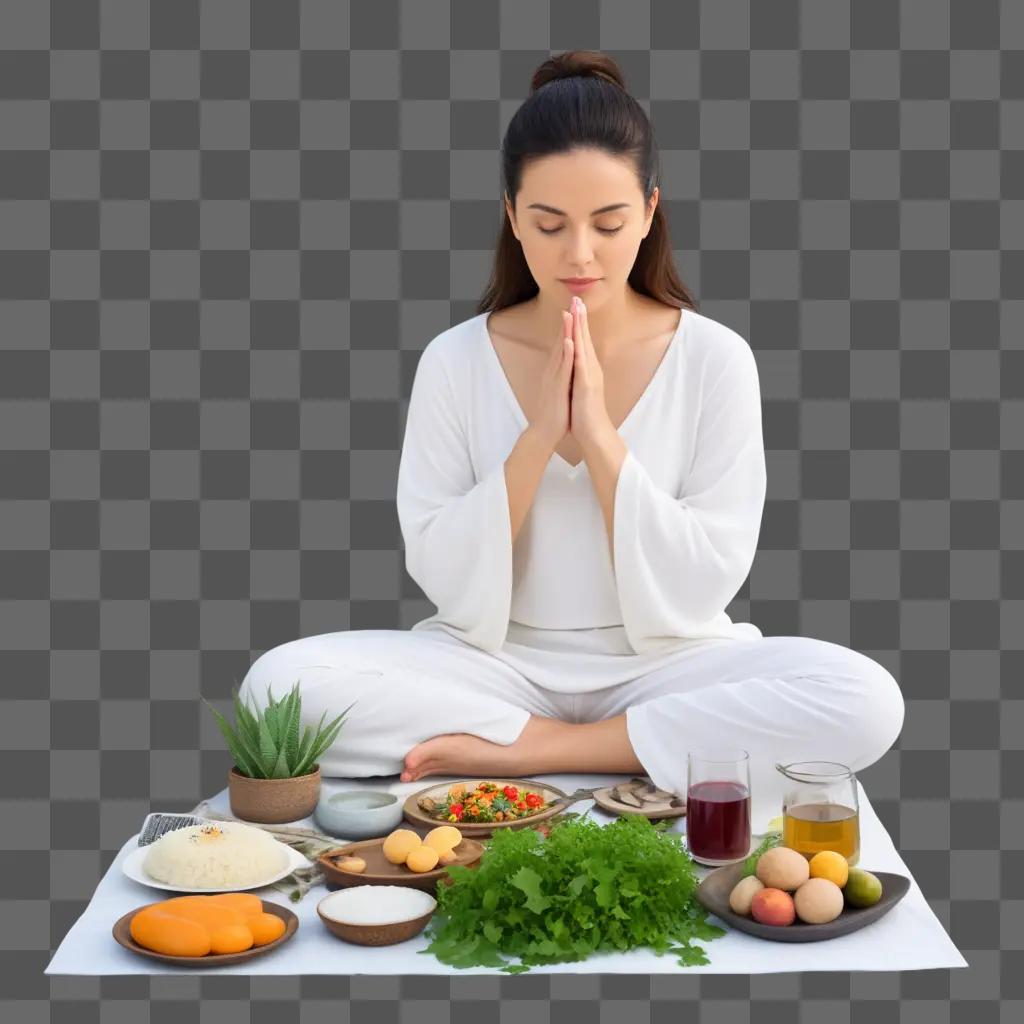 Woman in white praying before a plate of food