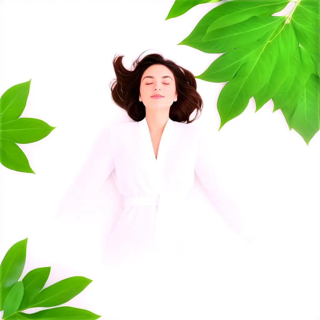 Woman in white relaxing under leaves