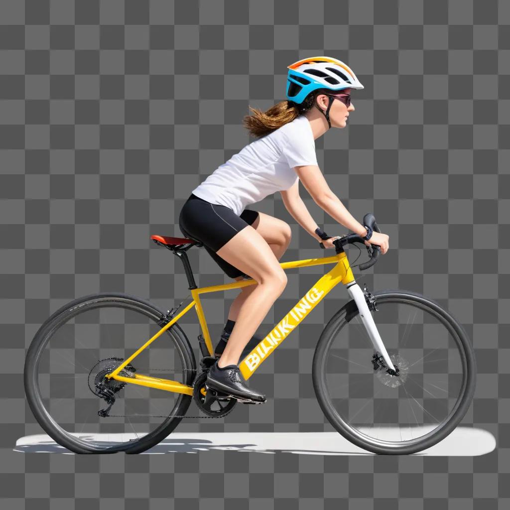 白いシャツと黒い短パンの女性が黄色い自転車に乗っています