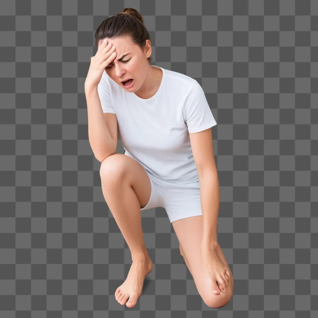 Woman in white shirt and shorts with a nervous look on her face