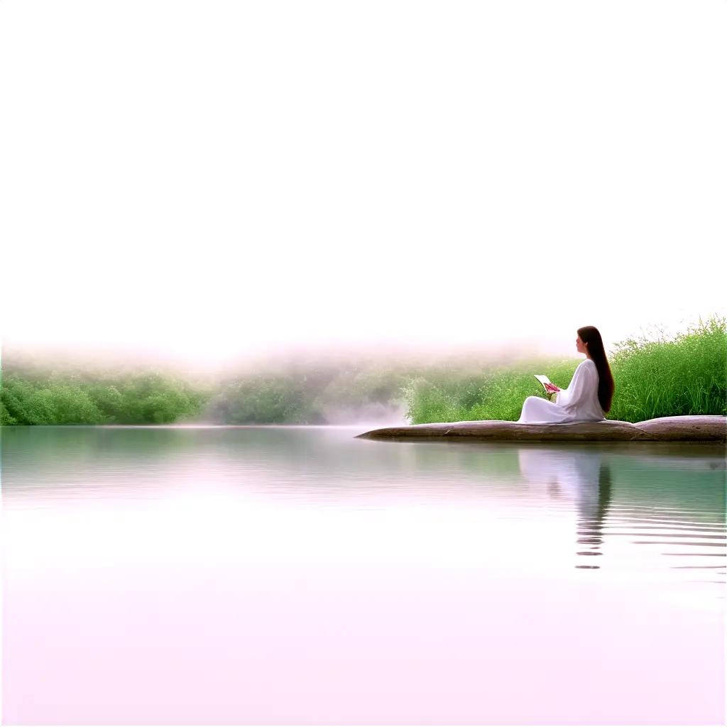 Woman in white sits by calm water, reading