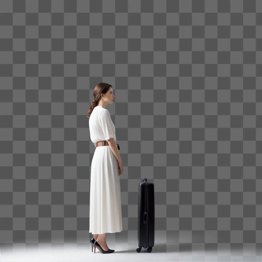 Woman in white waiting for her suitcase