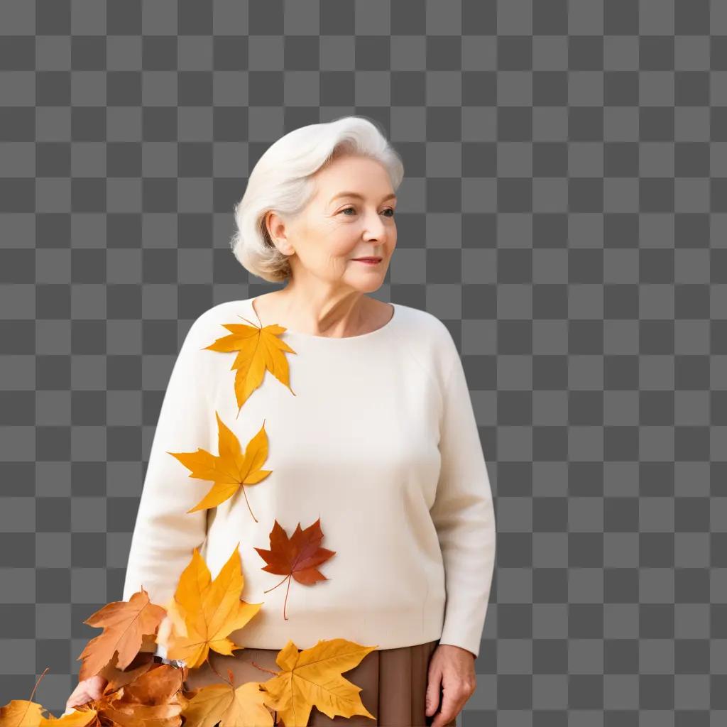 Woman in white with autumn leaves