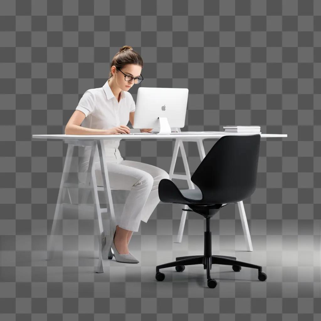 Woman in white with laptop on white table