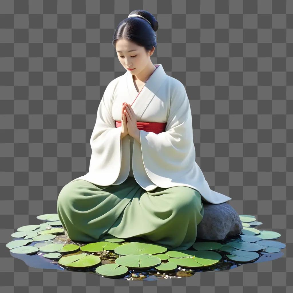 Woman in white with red belt meditates on green leaves