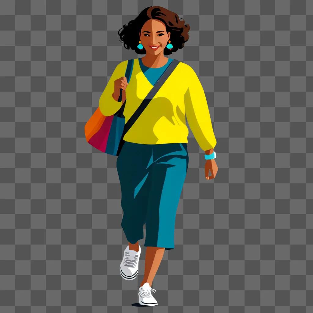 Woman in yellow walking with a blue bag