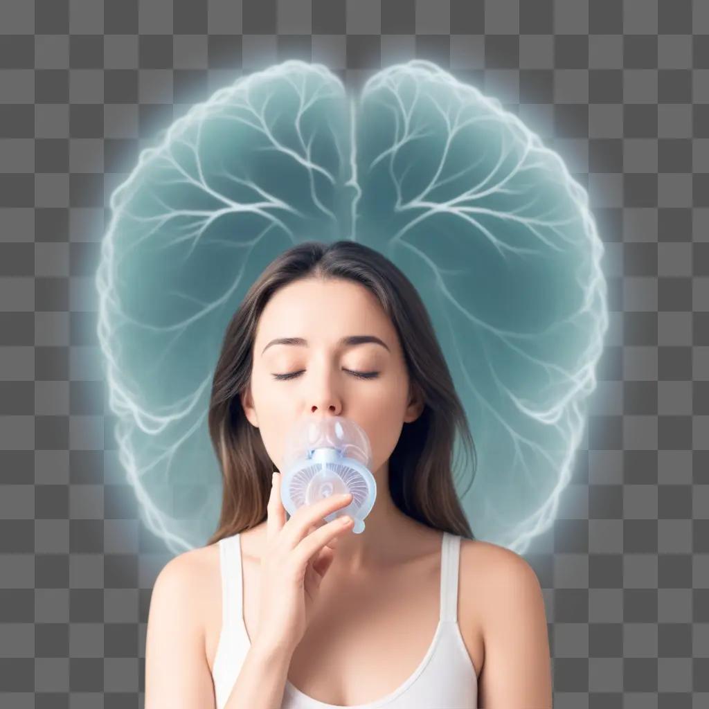 Woman inhaling a mask with a brain design