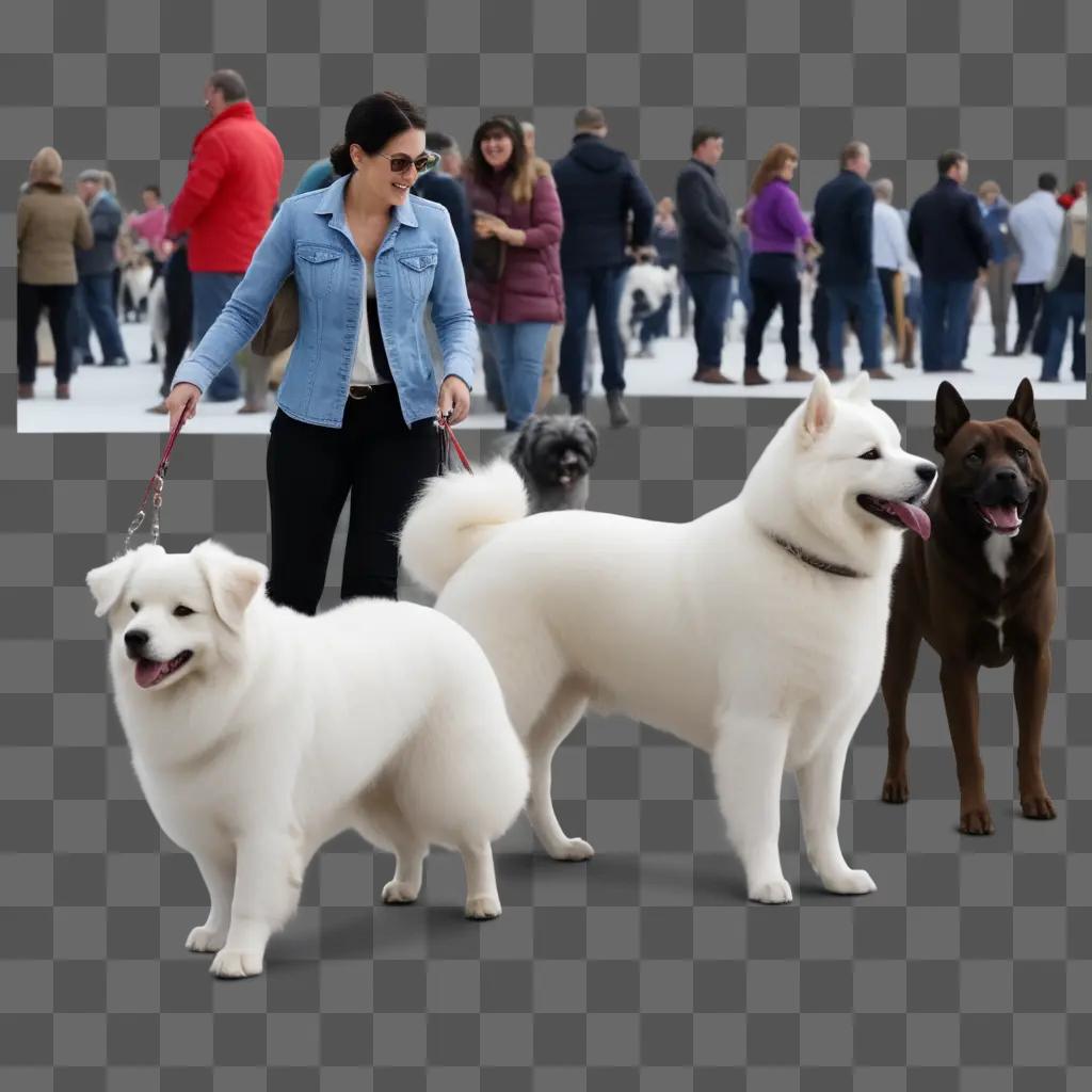 Woman leads white and black dogs at dog show