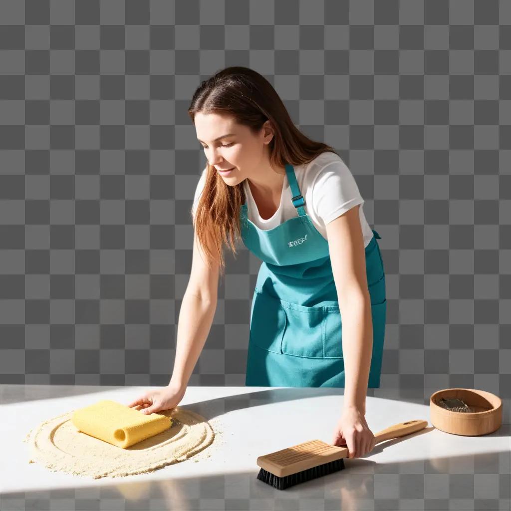 Woman scrubbing with a brush and blue apron