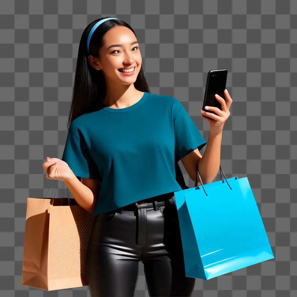 Woman shopping online with blue bags and phone