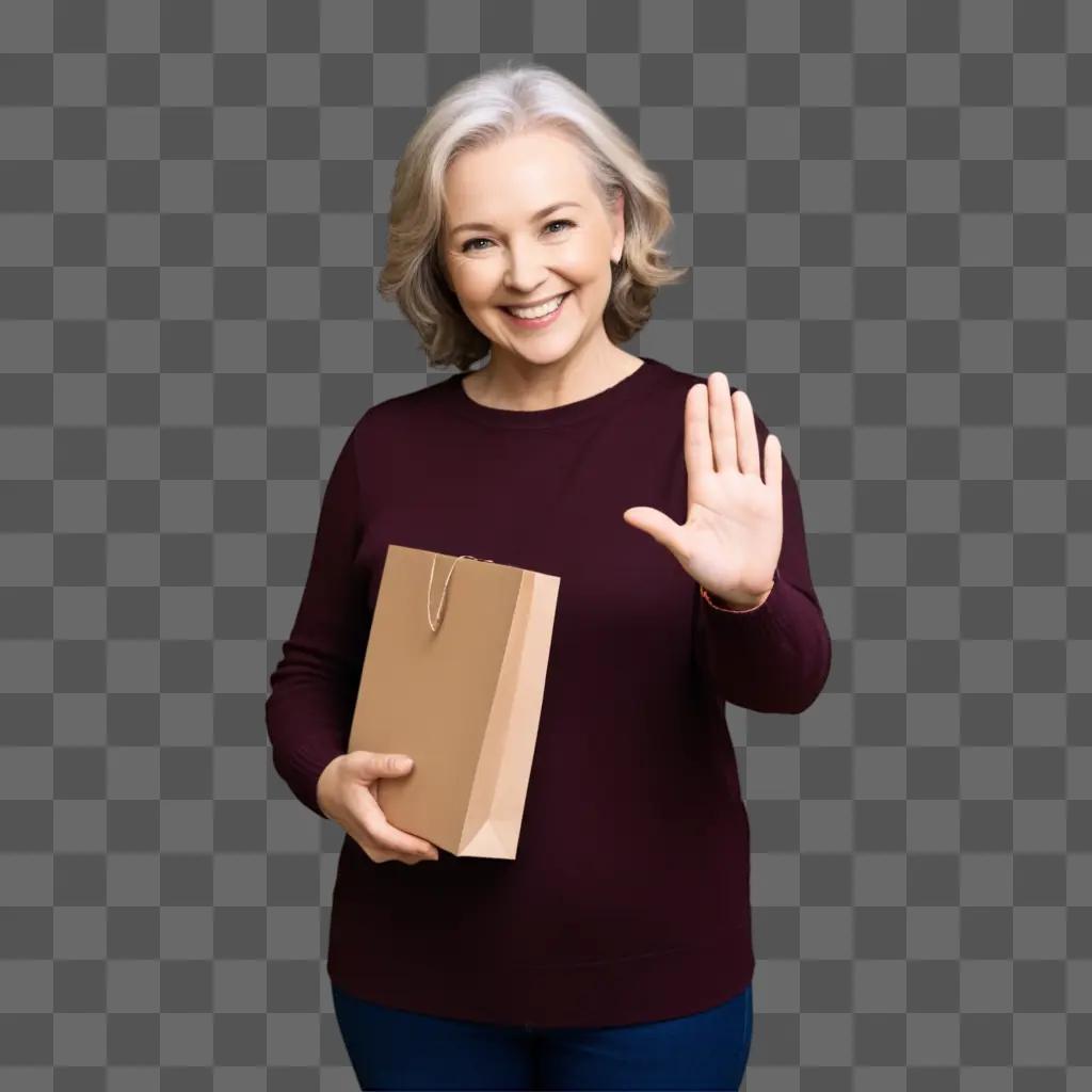 Woman welcomes with open hand and brown bag