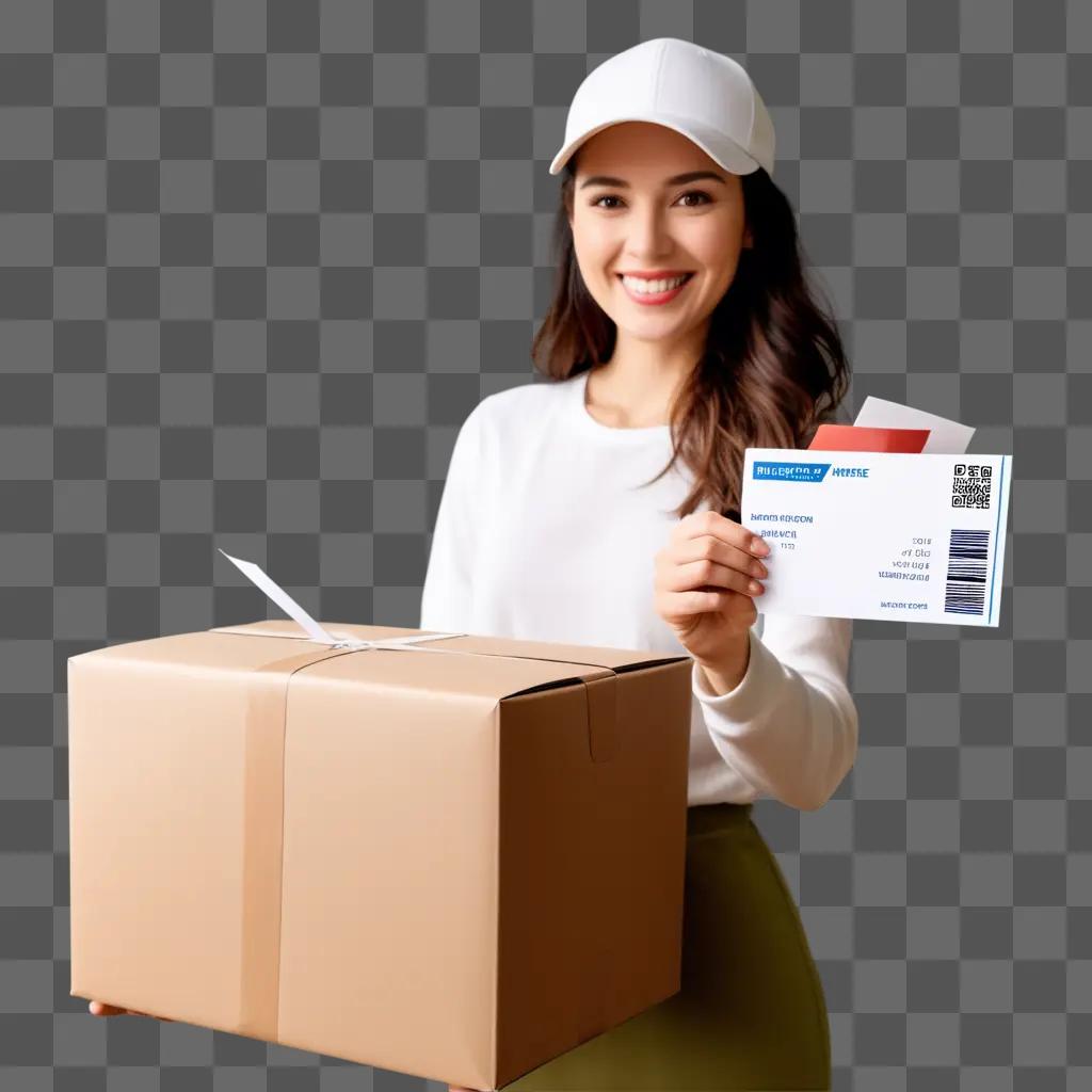 Woman with a box and a free shipping ticket