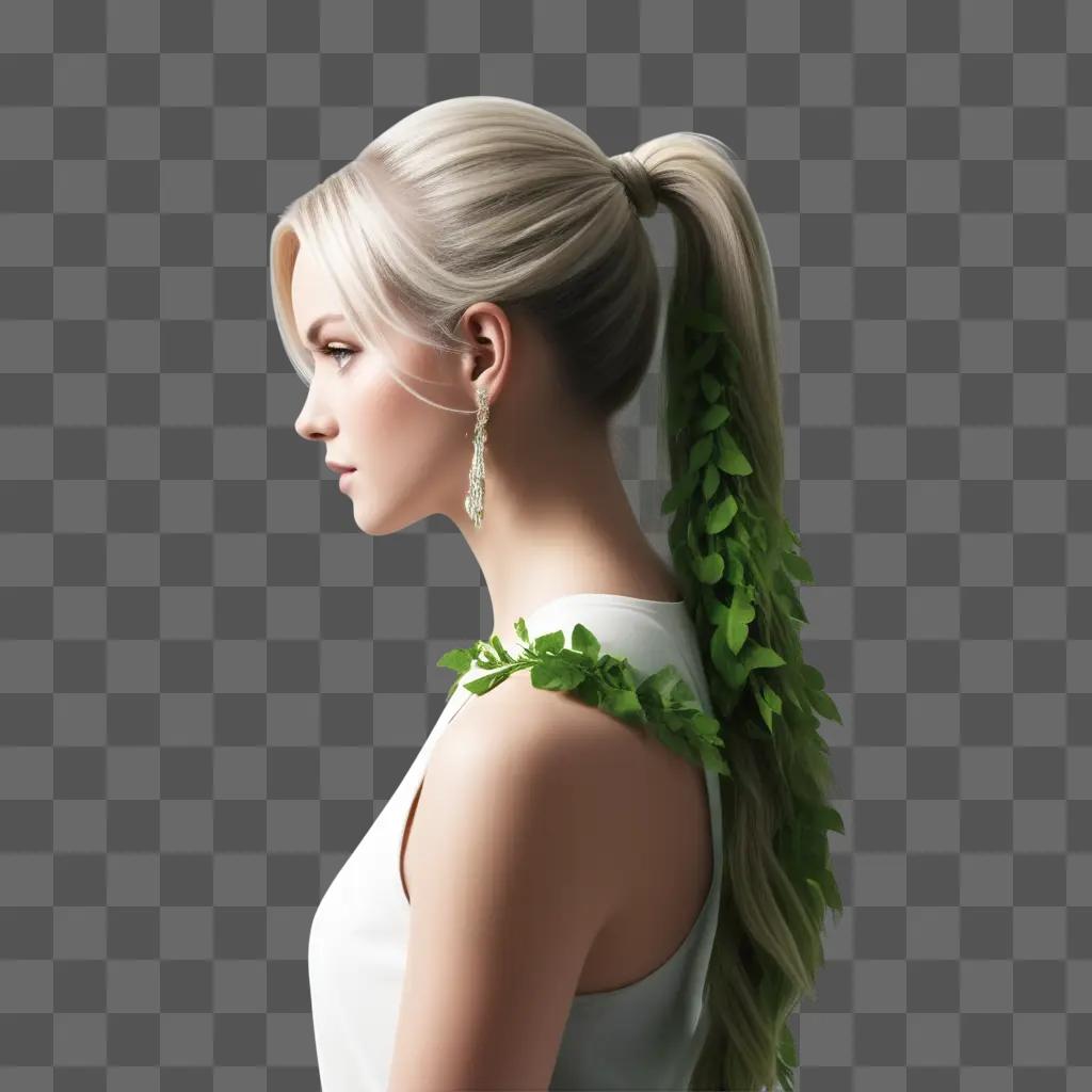 Woman with a ponytail has a green plant on her head