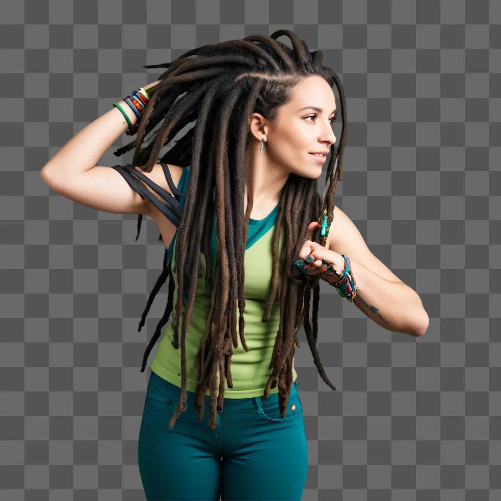 Woman with dreadlocks wearing a green tank top and blue pants