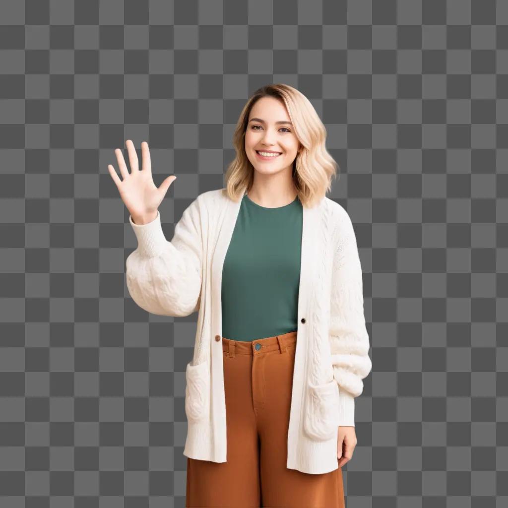 Woman with white sweater and green shirt smiles at camera