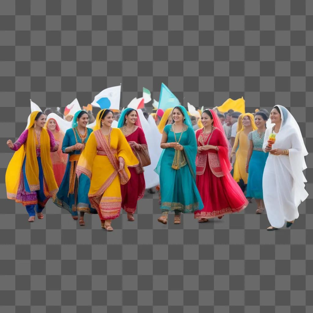 Women wearing brightly colored dresses and headscarves walk in a parade