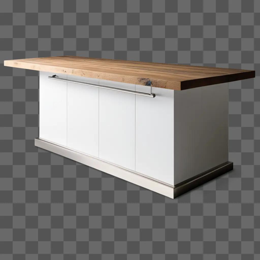 Wooden counter with metal rod and white cabinet