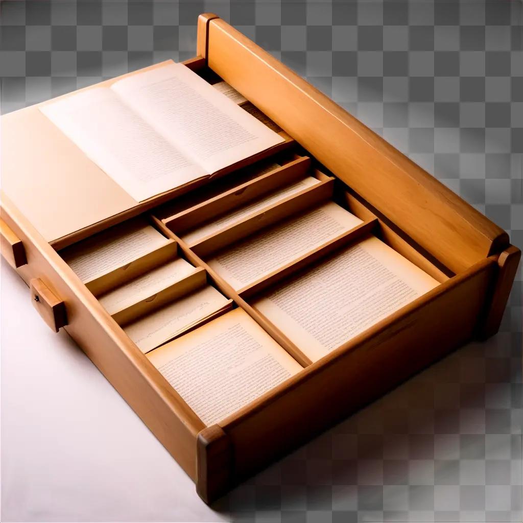 Wooden drawer with open book inside