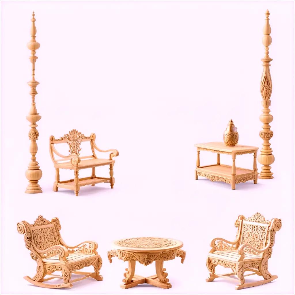 Wooden furniture with intricate designs displayed on a white background