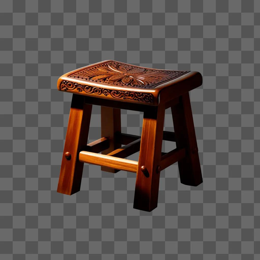 Wooden stool with carved flower pattern on top