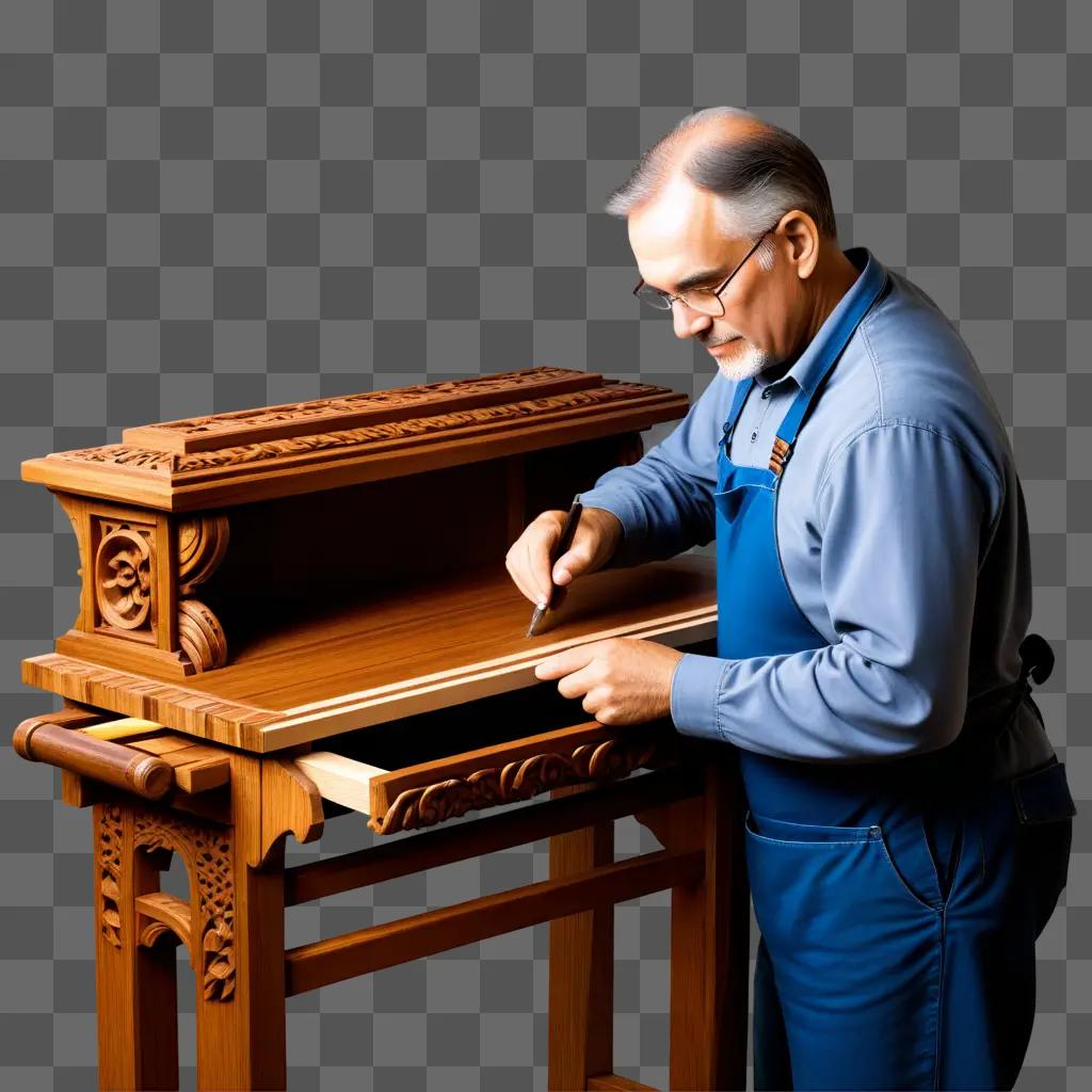 Woodworker in blue apron carves intricate designs