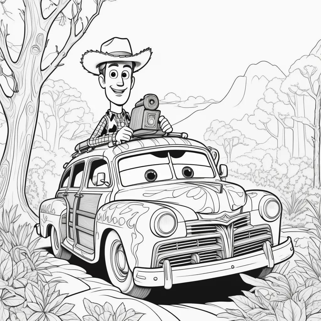 Woody coloring pages featuring a vintage car and a cowboy