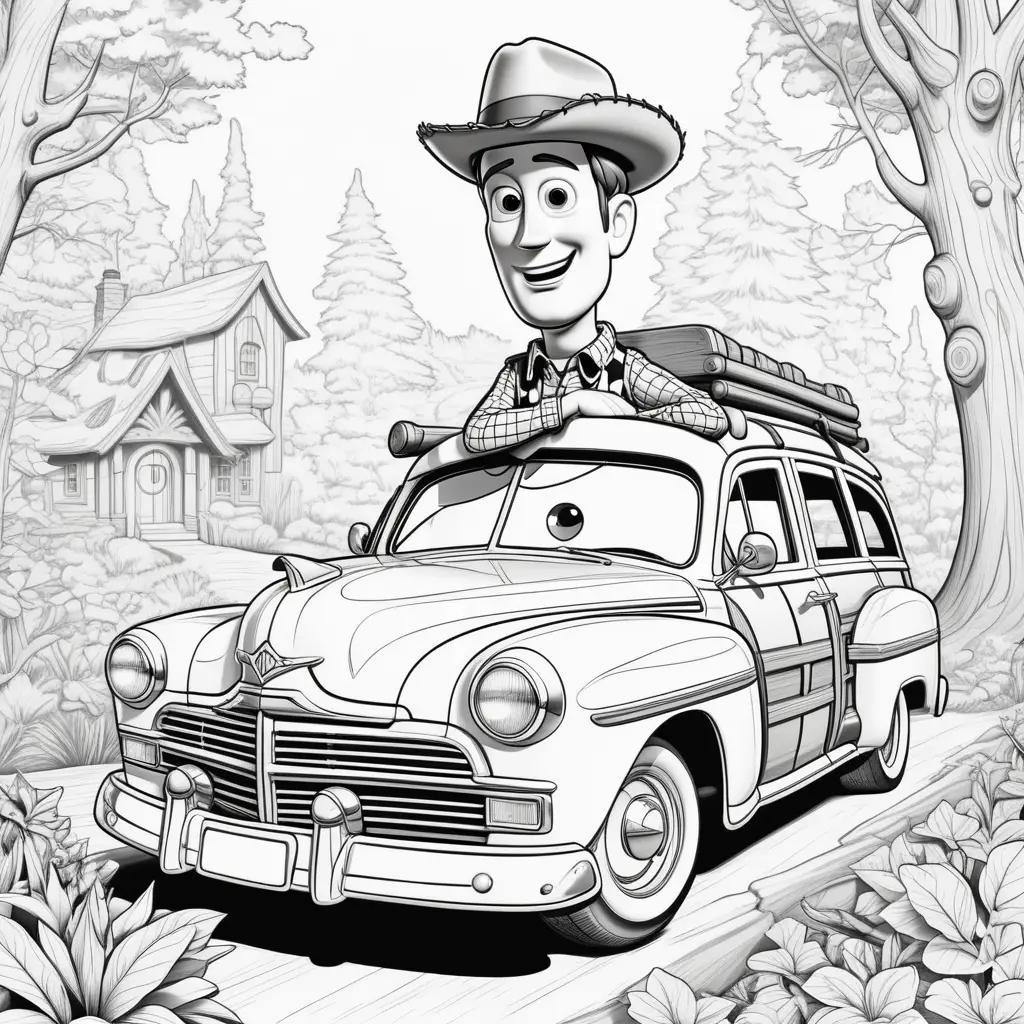 Woody coloring pages of a black and white car