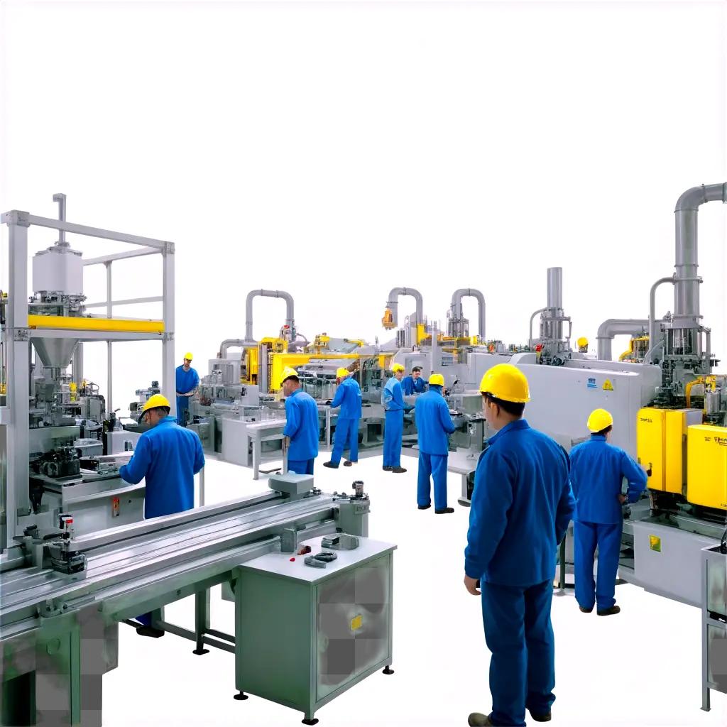 Workers in a factory setting, engaged in production activities