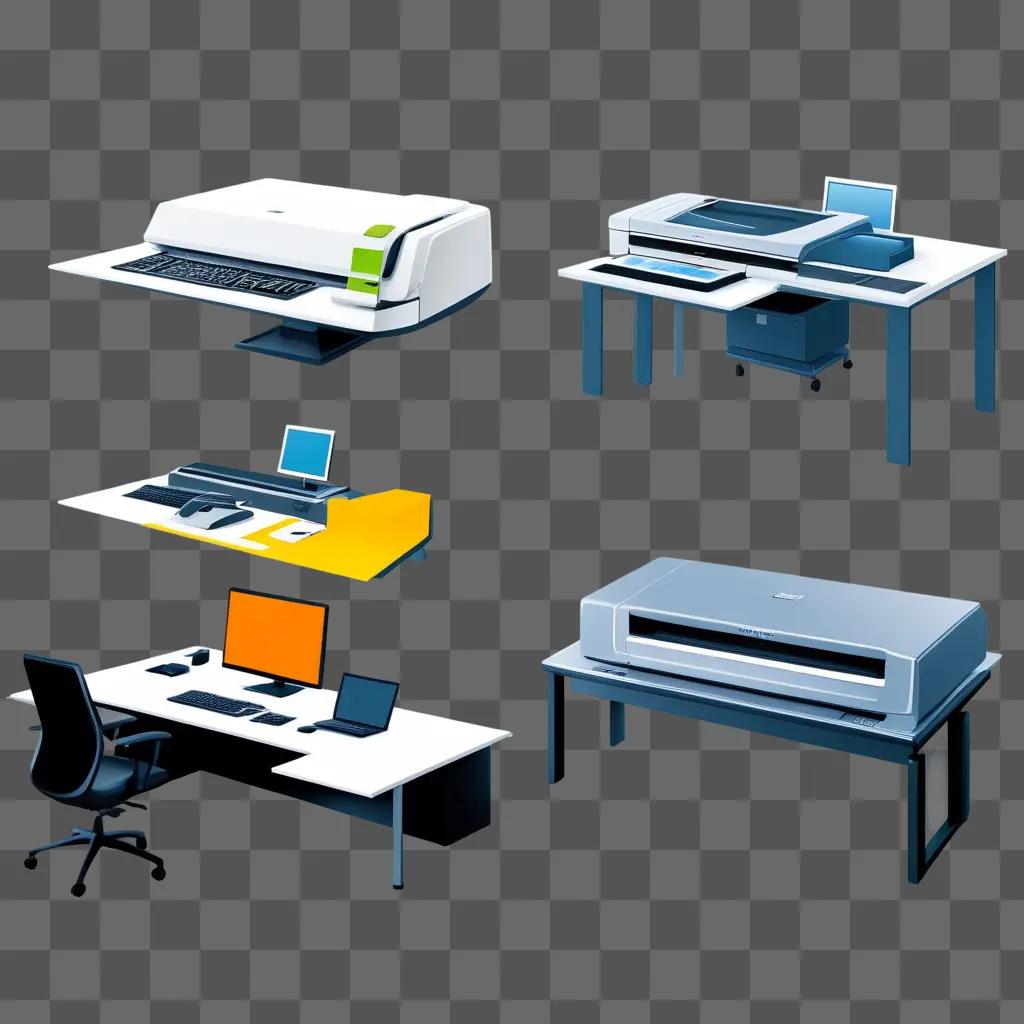 Working office scene with computer and printer