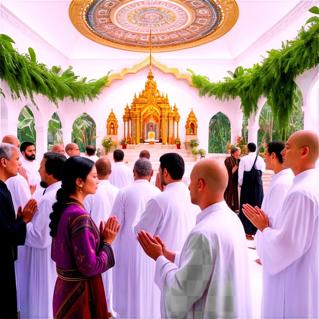 Worshippers bow at a temple in a tropical climate