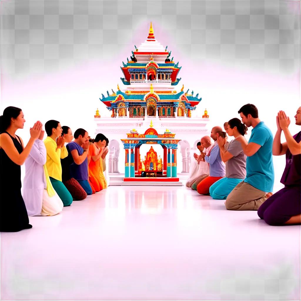 Worshippers bow in front of an Asian temple