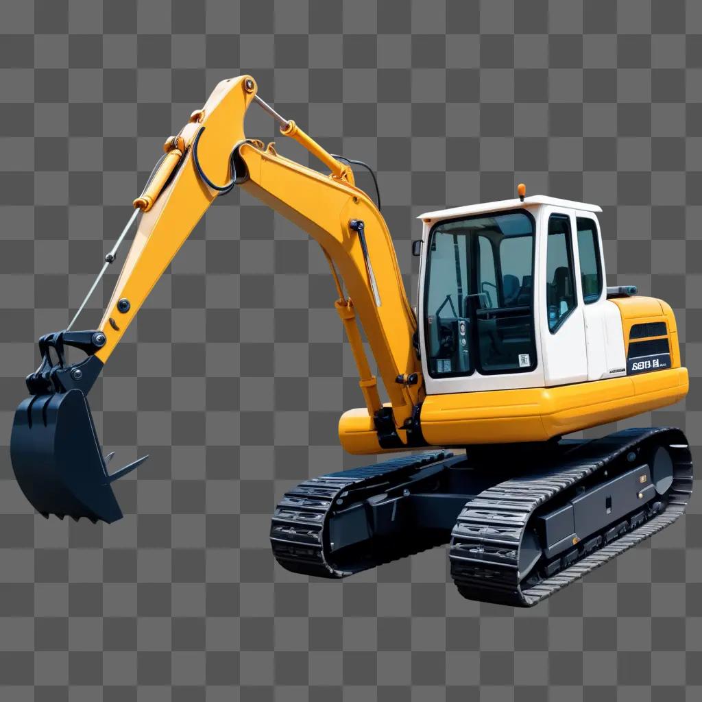 Yellow and white excavator with a scoop on a gray background