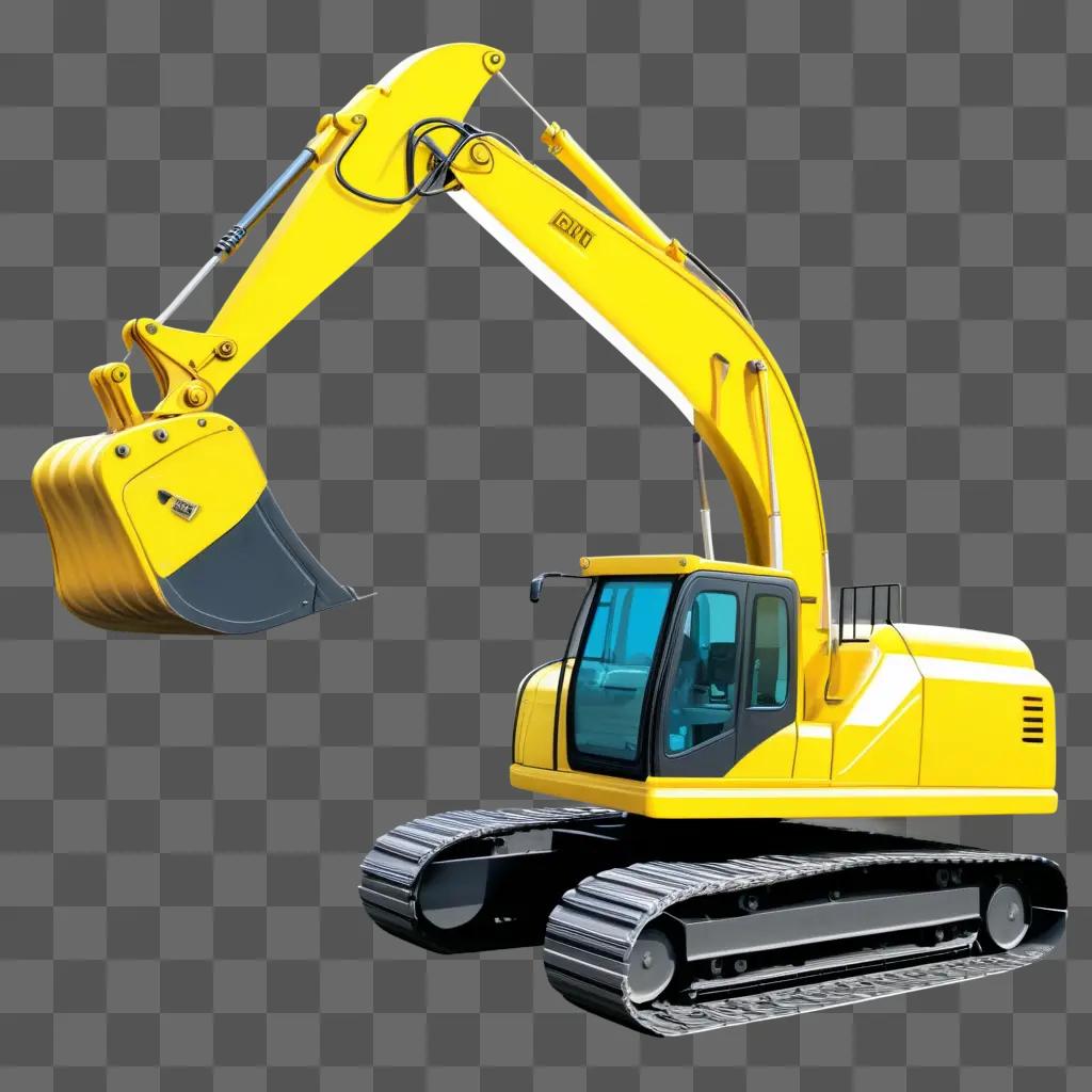 Yellow excavator with bucket on yellow background