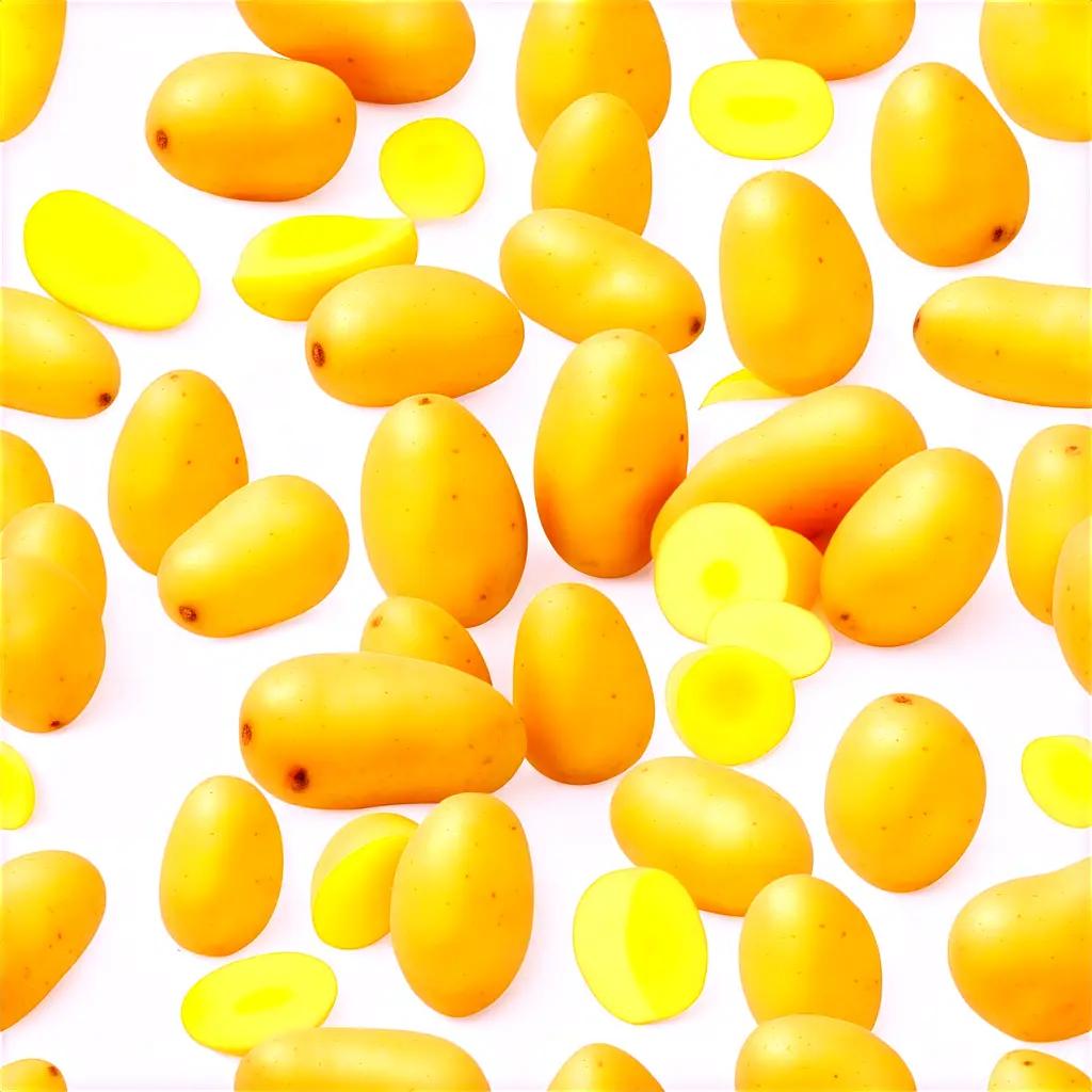 Yellow potatoes and slices on a white surface