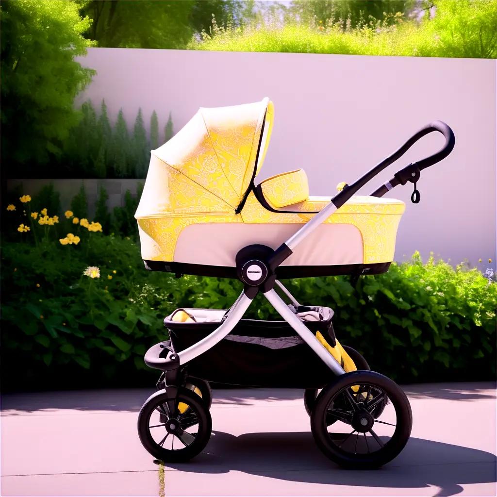 Yellow stroller with umbrella and hood