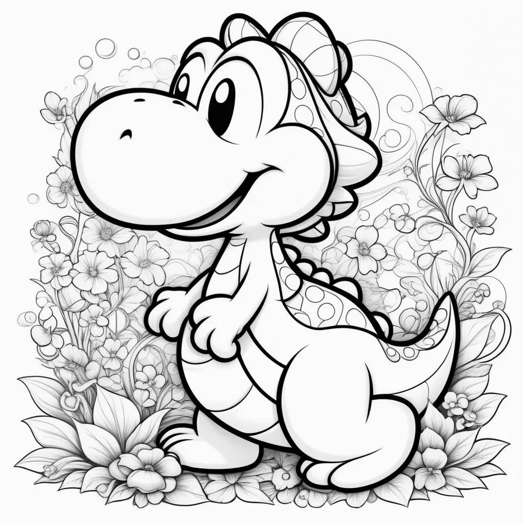 Yoshi coloring page features flowers and a smiling dinosaur