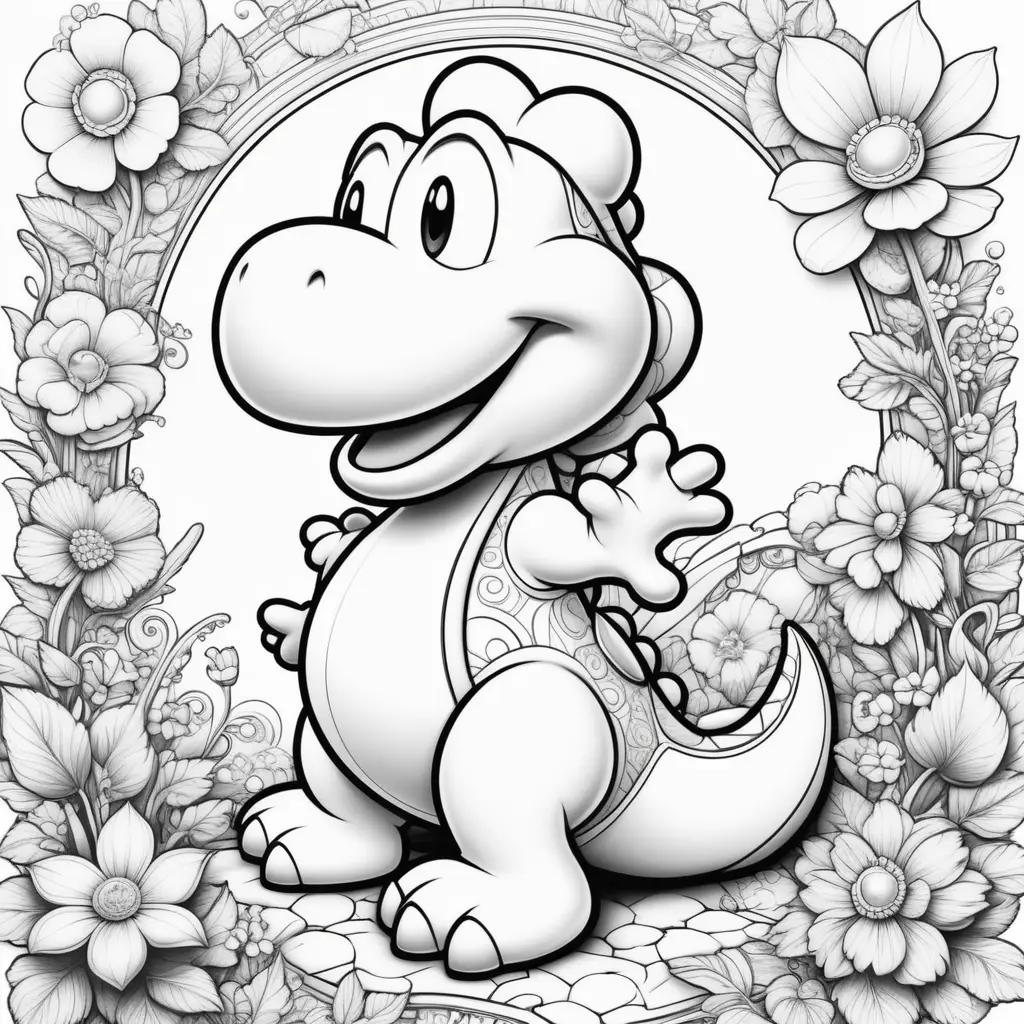 Yoshi coloring page with flowers and a smile