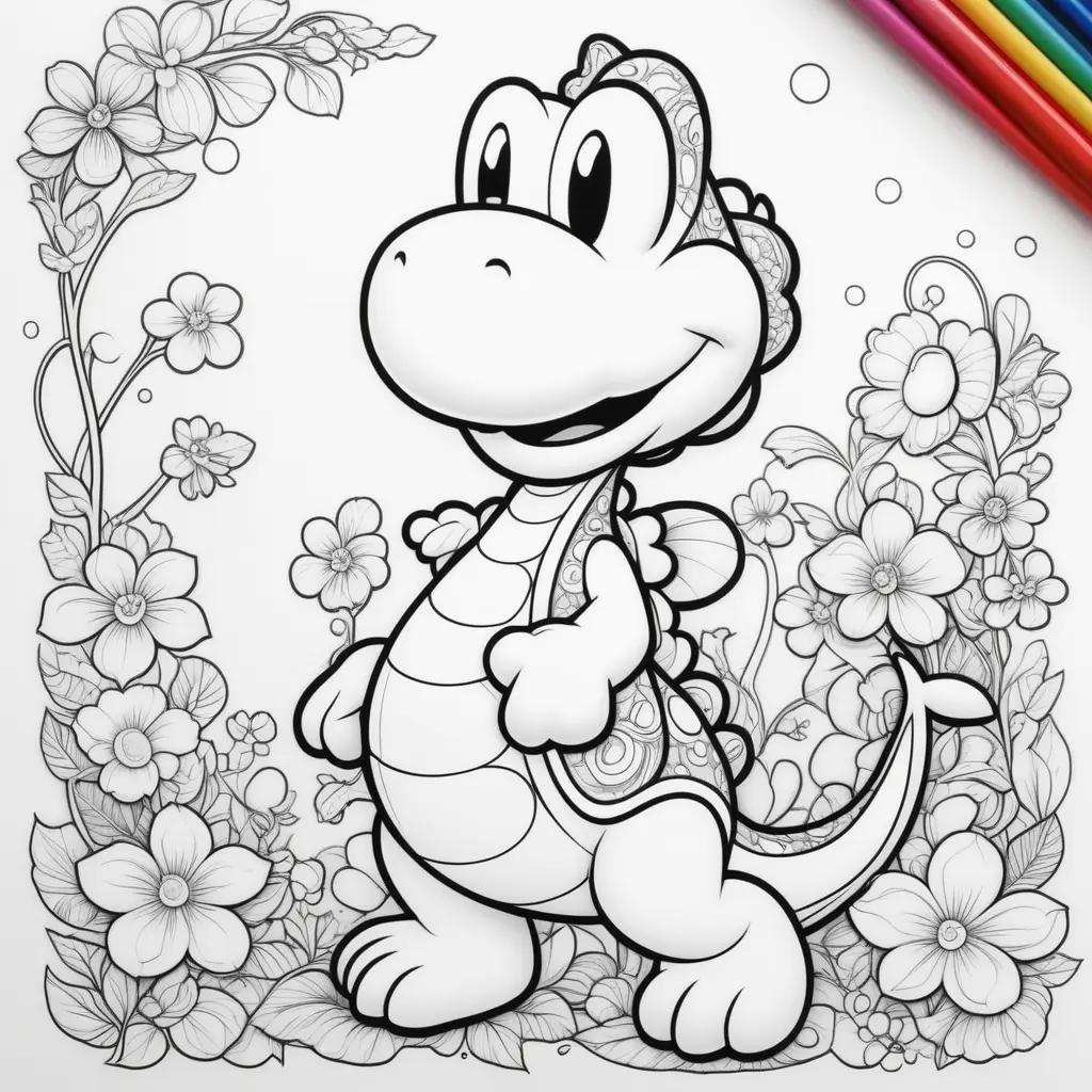 Yoshi coloring page with flowers and crayons