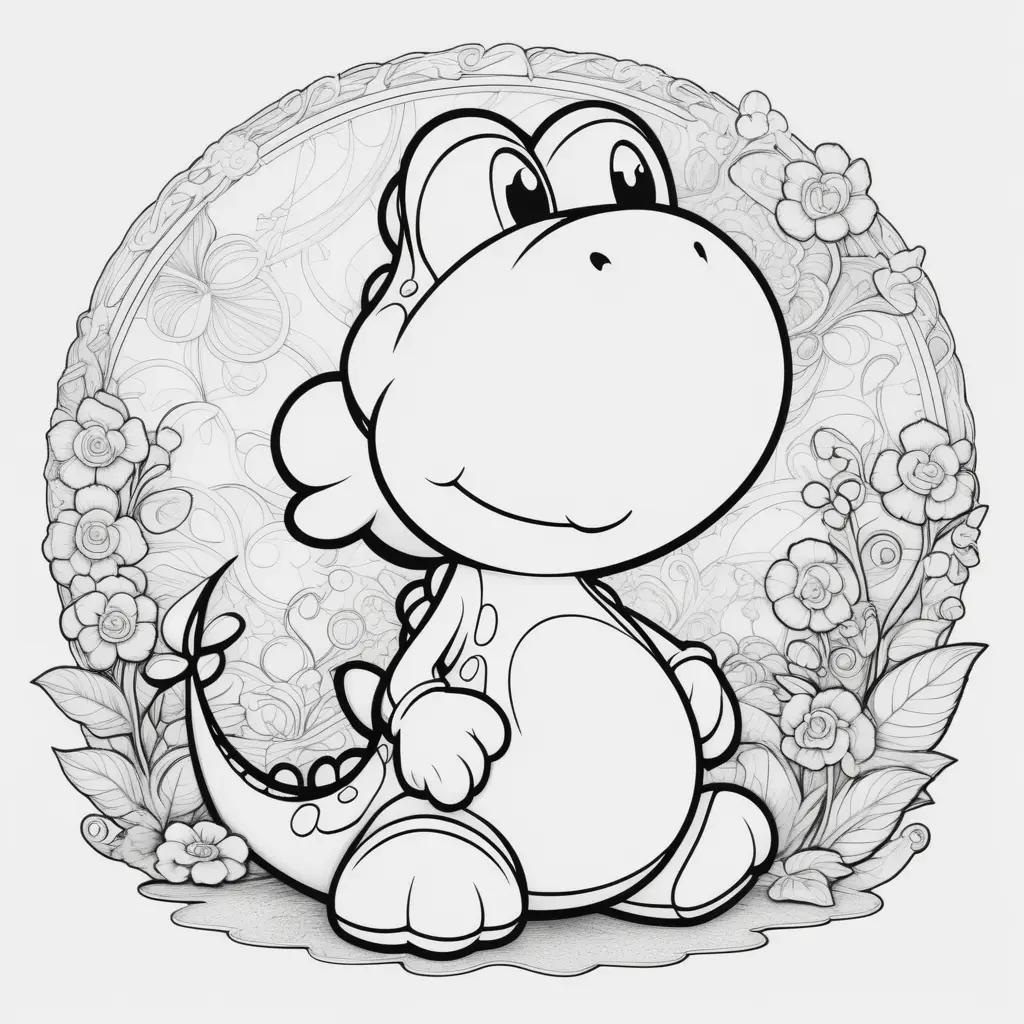 Yoshi coloring page with flowers and leaves