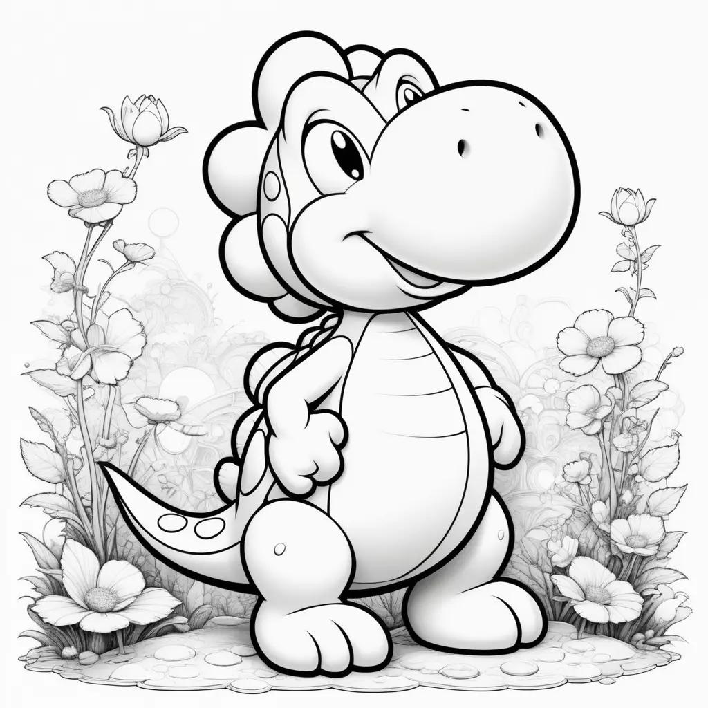 Yoshi coloring pages featuring a cute dinosaur in a flower garden