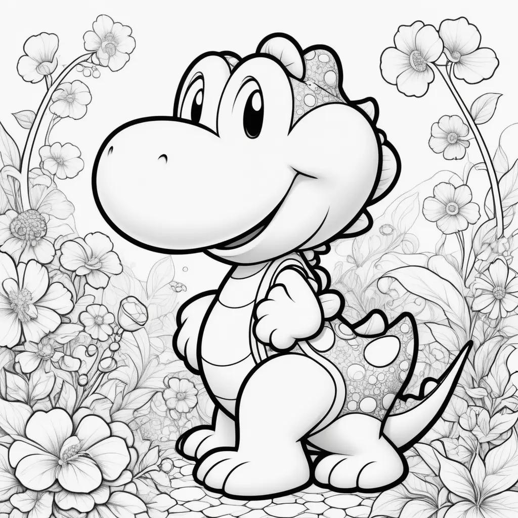 Yoshi coloring pages with flowers and butterflies