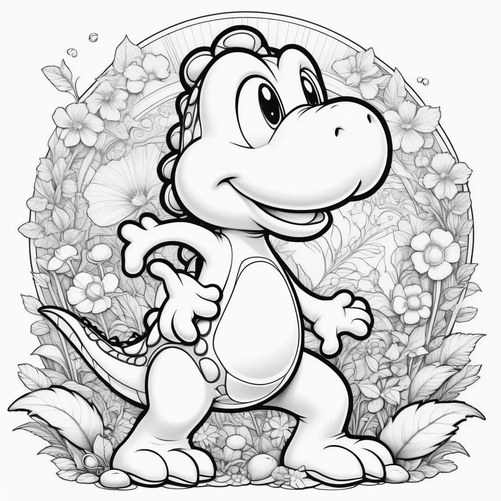 Yoshi coloring pages with flowers and leaves