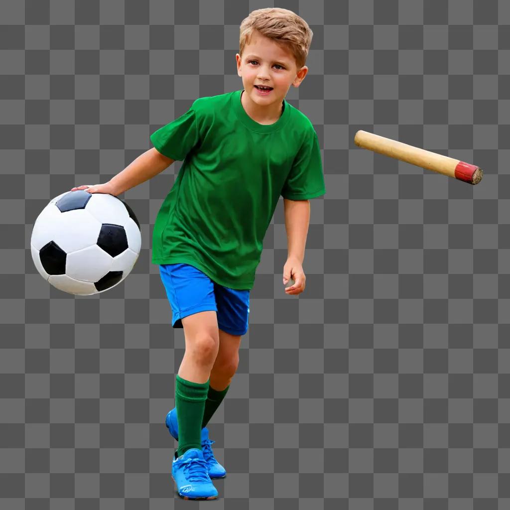 Young boy in green soccer uniform with a football and a baseball bat