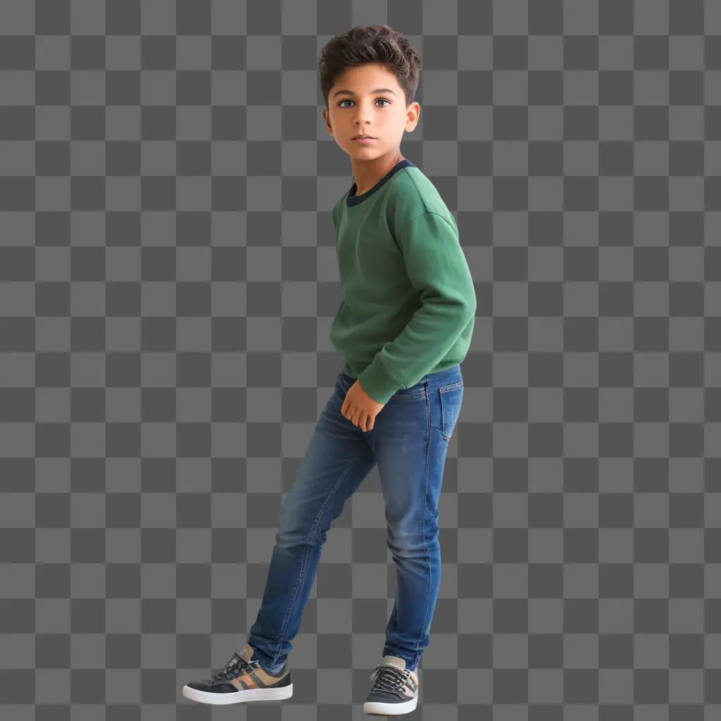 Young boy posing in a green shirt and blue jeans