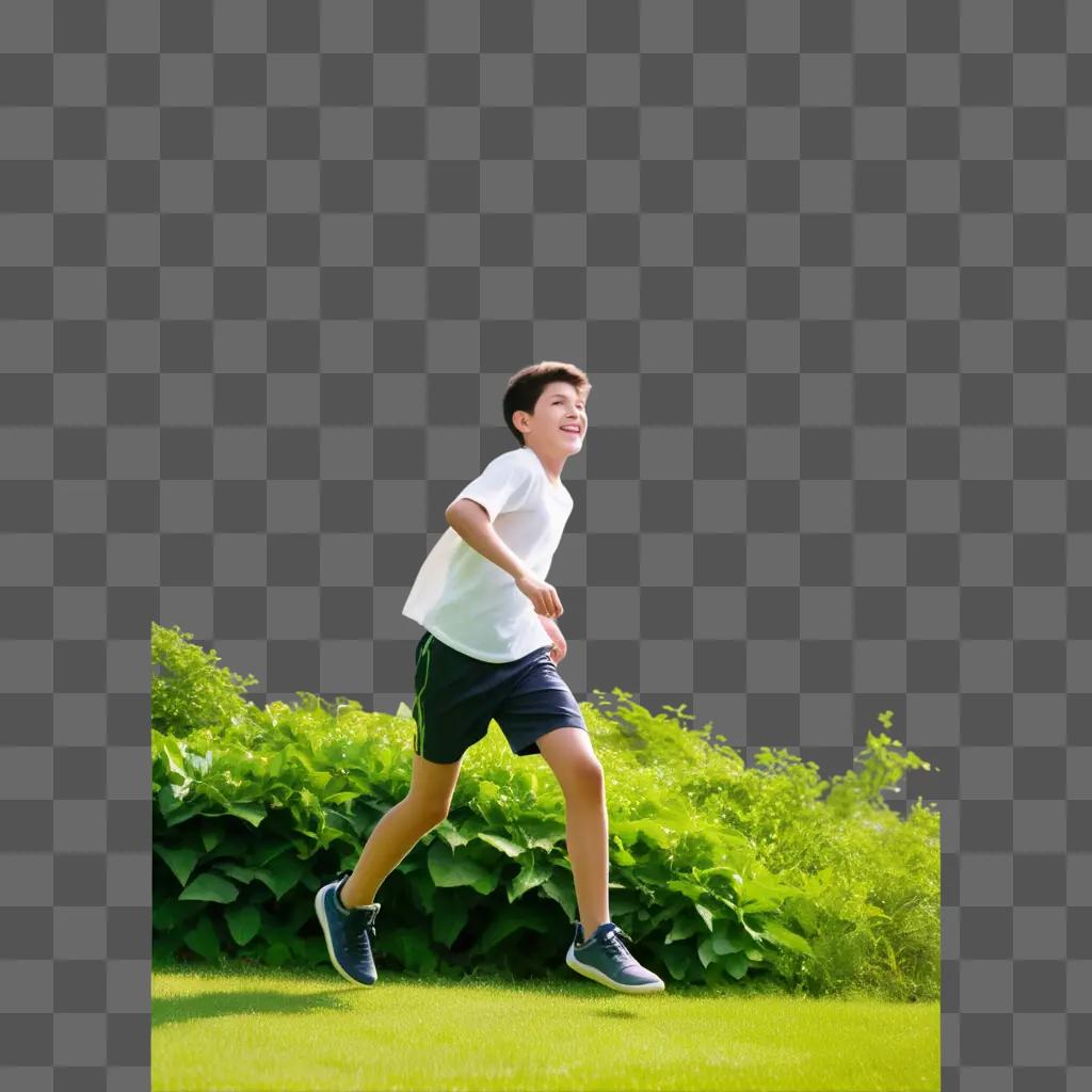 Young boy running on a lush green lawn