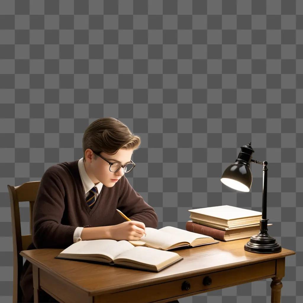 Young boy studying with a desk lamp