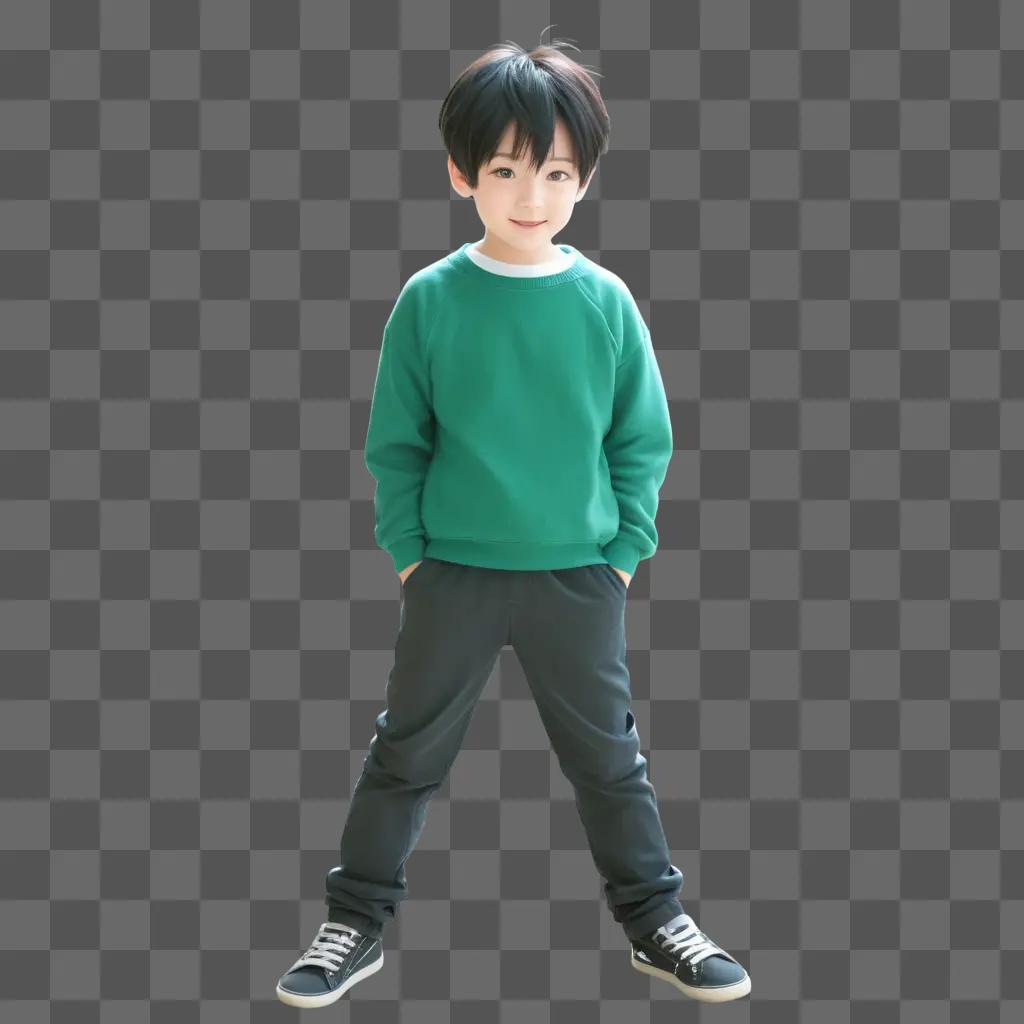 Young boy with dark hair and sneakers drawing with pencil