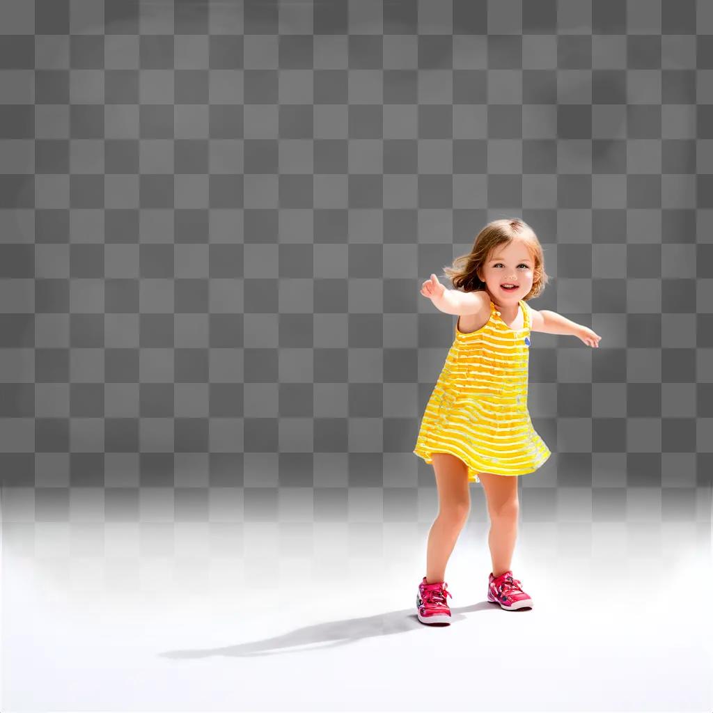 Young child in a yellow dress stands with arms outstretched