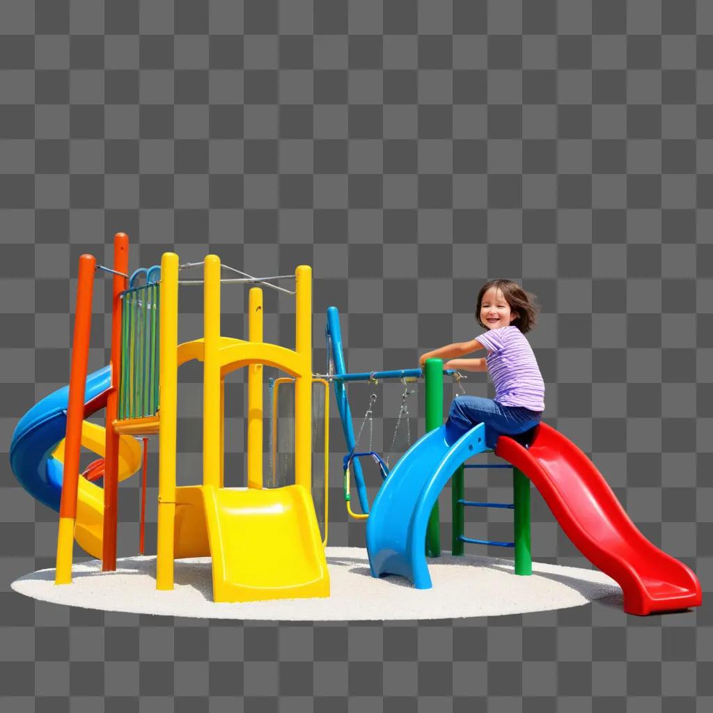 Young child plays on colorful playground equipment